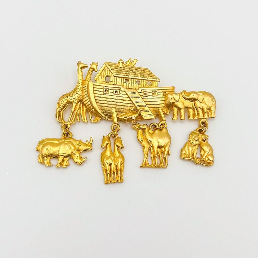 Vintage Signed JJ Jonette Noah's Ark Brooch Signed Goldtone